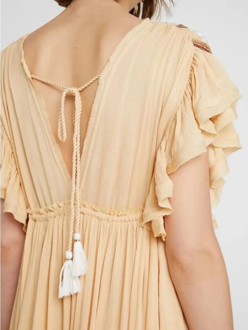 Free People Embroidered Boho Midi Dress Beige Button Front Ruffle Size XS